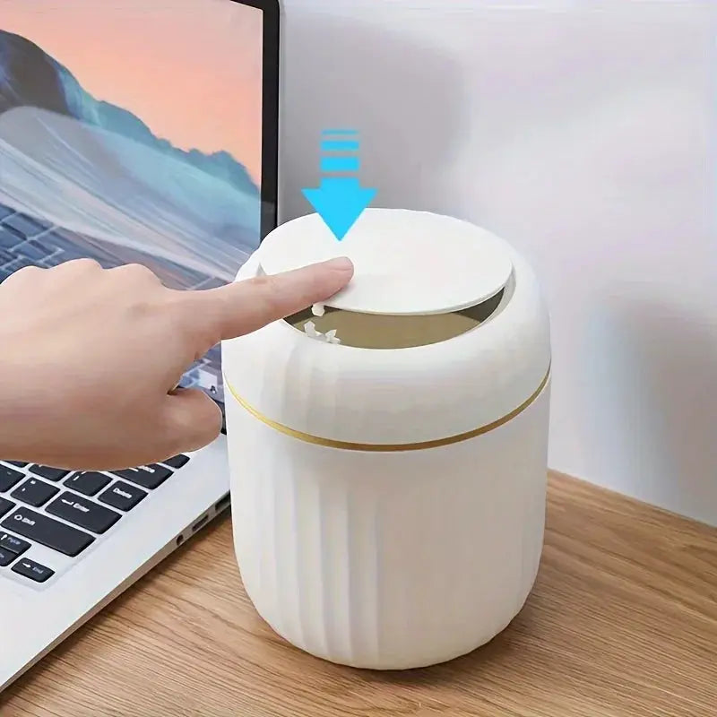 Mini desktop trash can with lid, white durable plastic with gold accent ring, suitable for office or bedroom desk