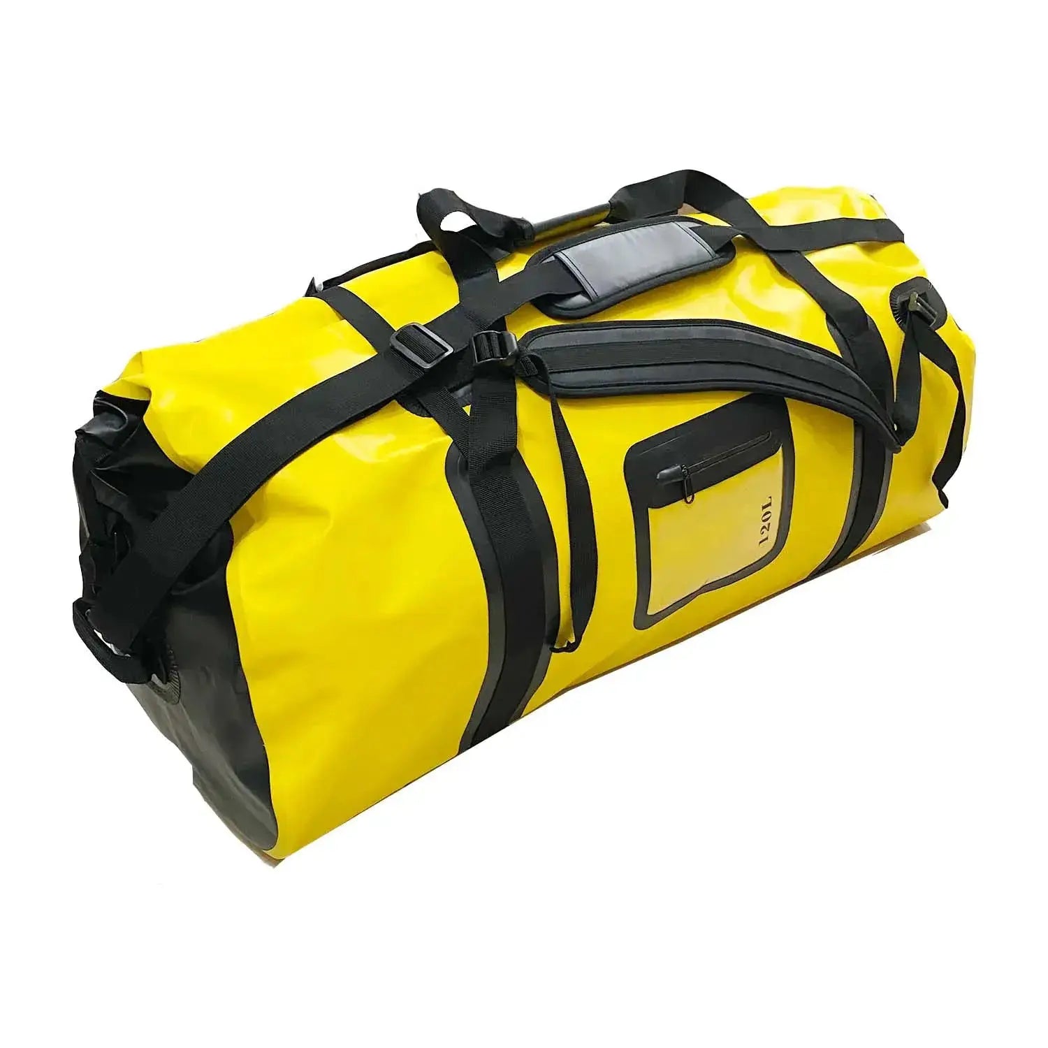 Waterproof duffle bag 40–120L by Simples Market, yellow with black straps and external zip pocket