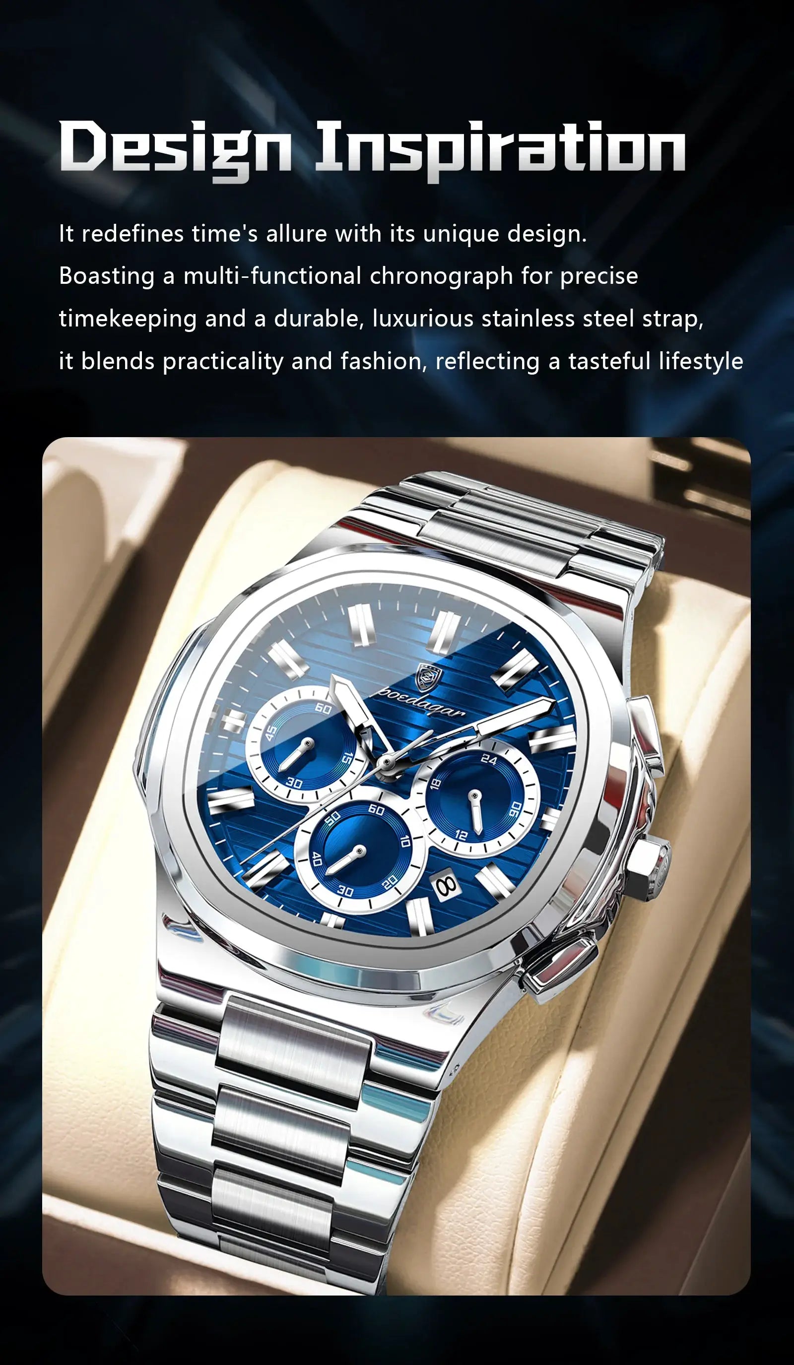 POEDAGAR stainless steel chronograph wristwatch with blue dial and date window