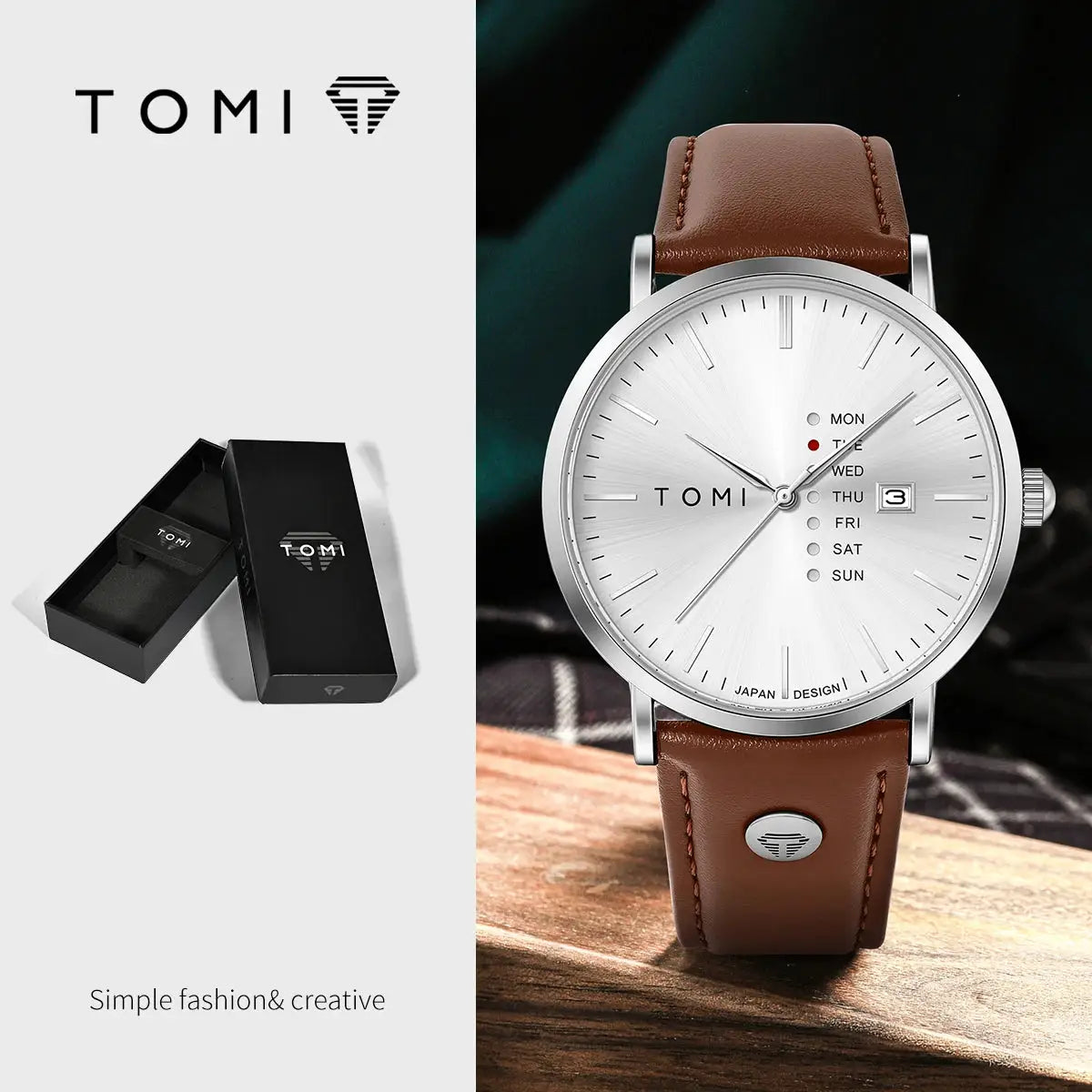 TOMI men's quartz wristwatch with brown leather strap, silver case, weekday calendar and date window
