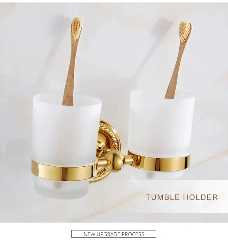 Tumbler holders (2): gold brass wall-mounted bathroom set with frosted glass cups by Simples Market