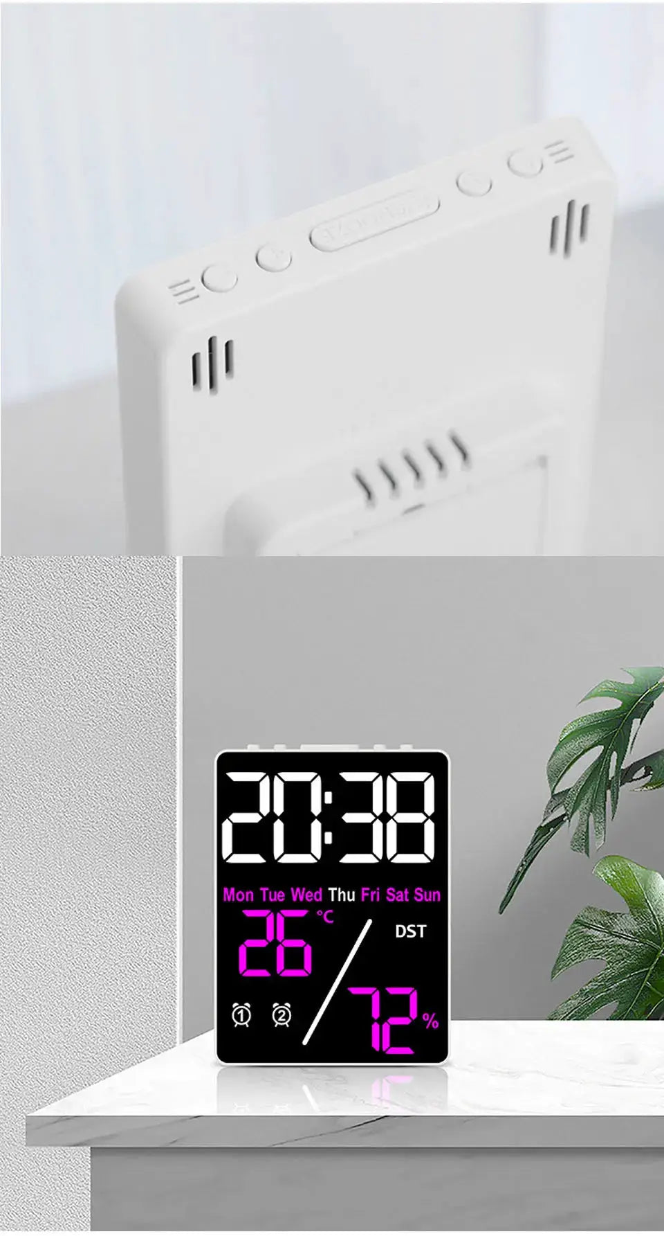 Multifunctional large-screen white desktop alarm clock with humidity display and brightness control