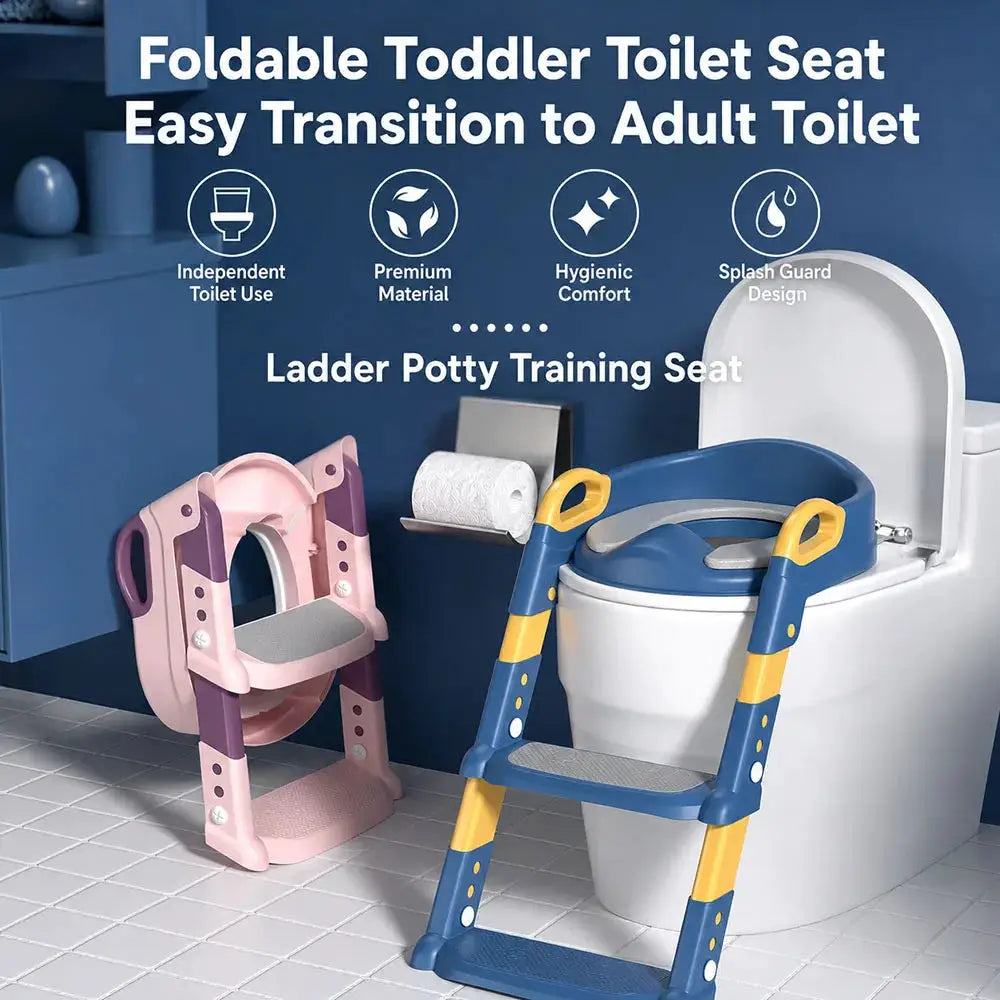 Toddler toilet training ladder with blue-yellow frame and pink foldable stool, two-piece set by Simples Market