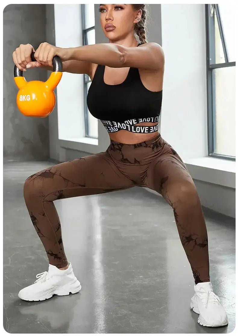 Women's tie-dye nine-tenths high-waist yoga leggings in brown, soft stretchy workout pants