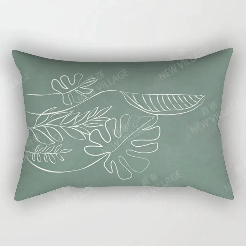 Nordic fall throw pillow cover by Simples Market in sage green with white abstract leaf line art, 30x50.