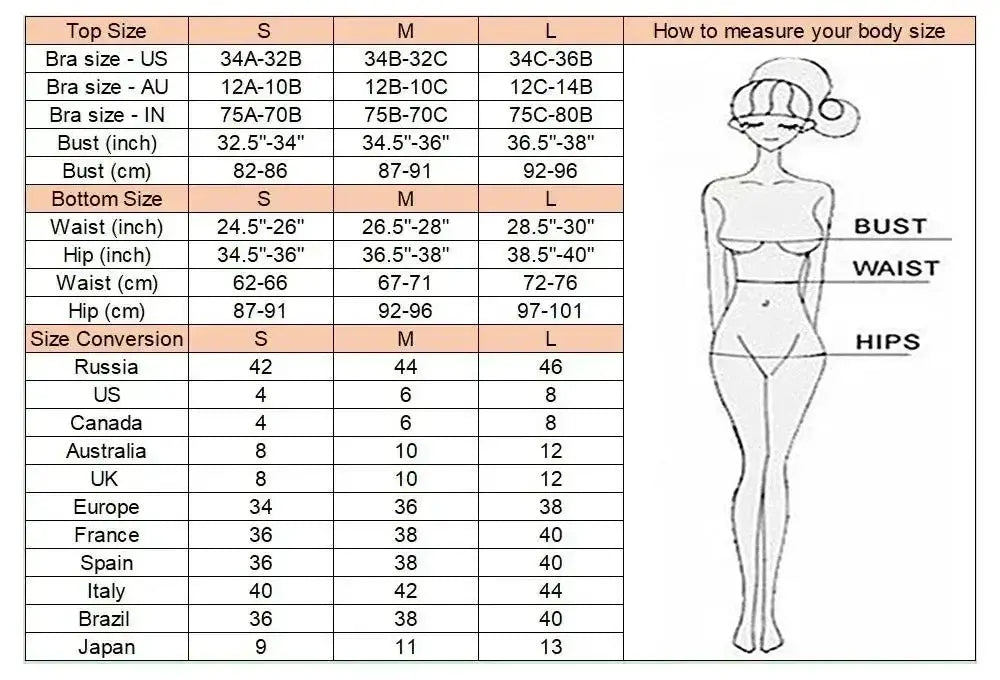 Simples Market halter Brazilian metallic satin bikini size chart with bust, waist and hips
