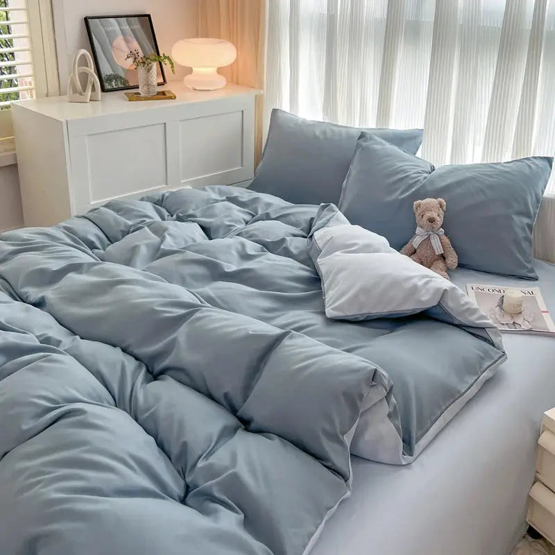 Simples Market 4-piece blue brush-fabric duvet cover bedding set with pillowcases, reversible 2-side design