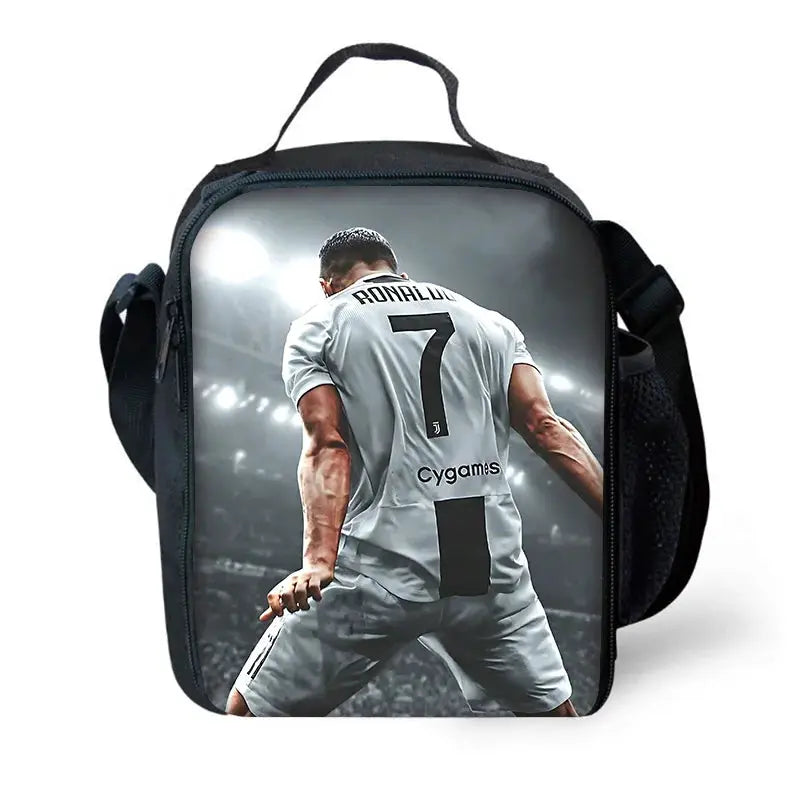 CR7 Ronaldo kids' school backpack; black with Ronaldo back-view graphic.