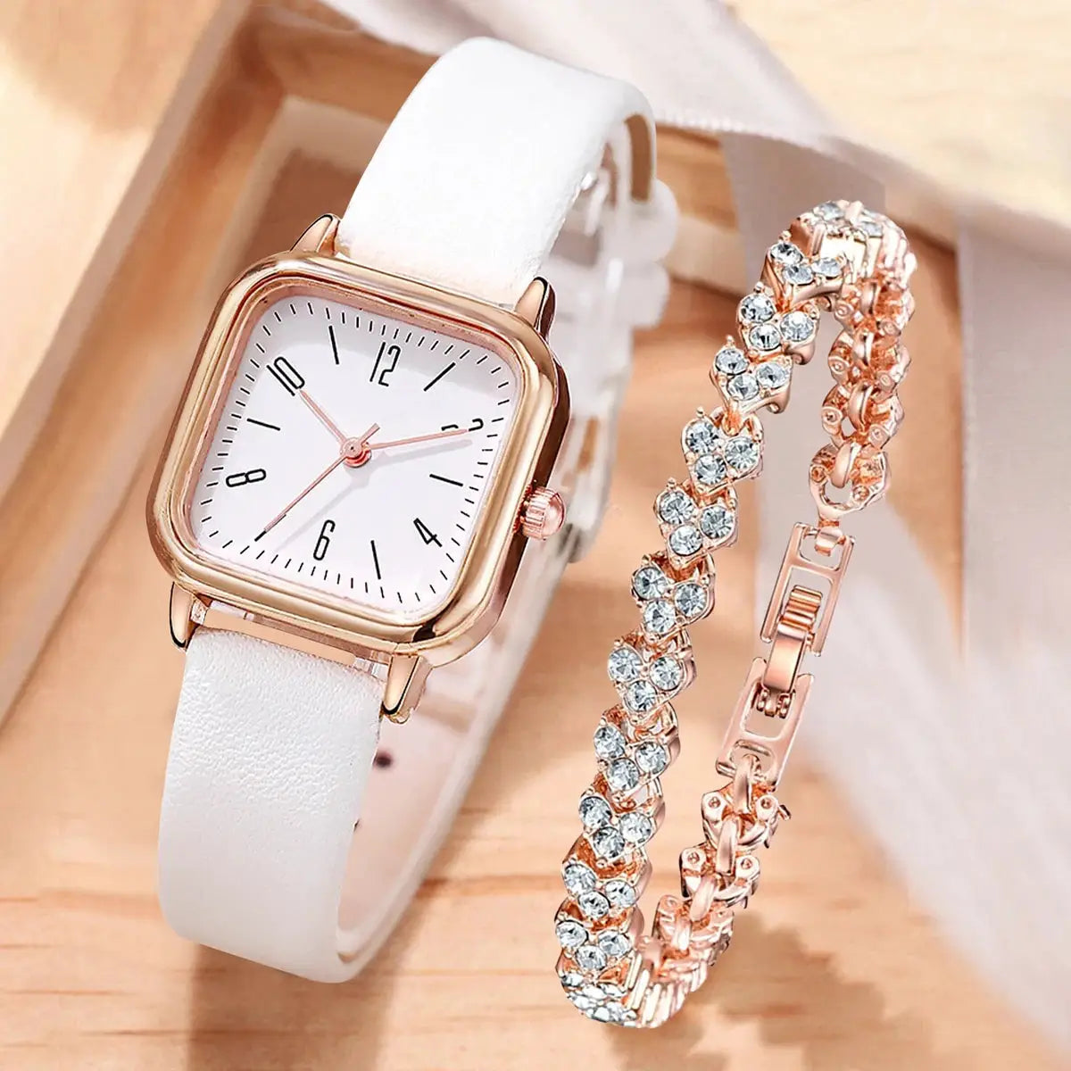 2-piece women's watch and bracelet set; square rose-gold quartz watch with white leather strap and rhinestone bracelet