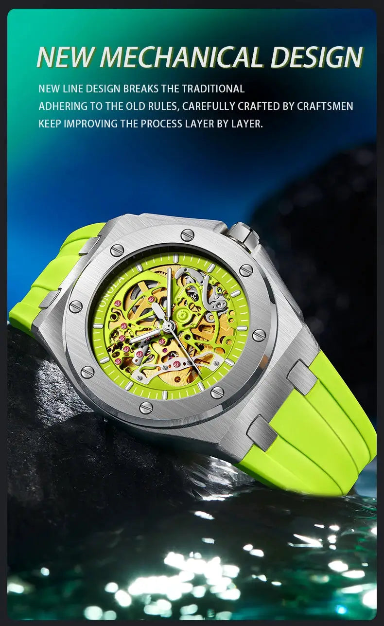 ONOLA skeleton wristwatch for men with lime-green strap and neon lime dial in a stainless steel case