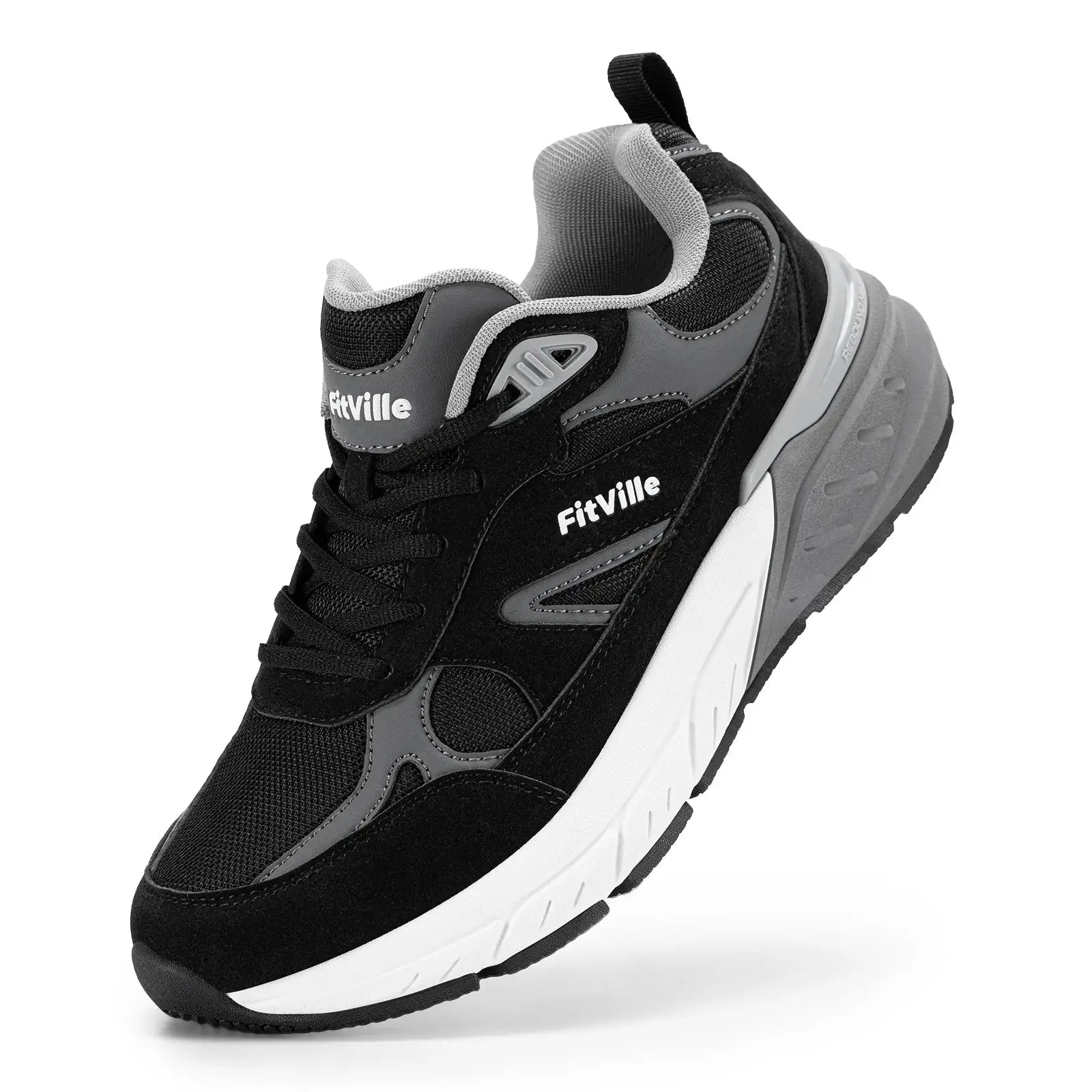 FitVille men's walking shoe, black and gray with arch support and wide width.