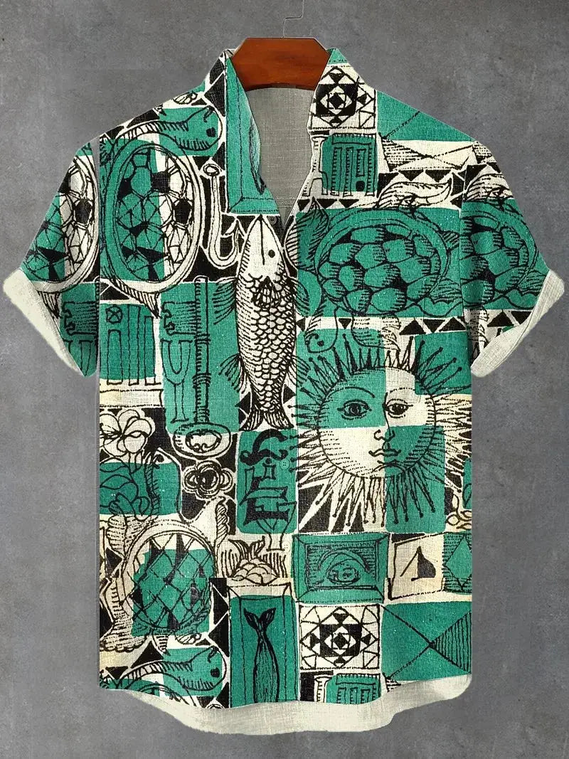 Men's short-sleeve button-down Hawaiian shirt with turquoise and cream patchwork graphic print