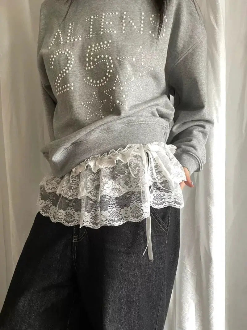 Simples Market women's Y2K lace mini layered skirt with white floral lace and lace-up ruffle detail