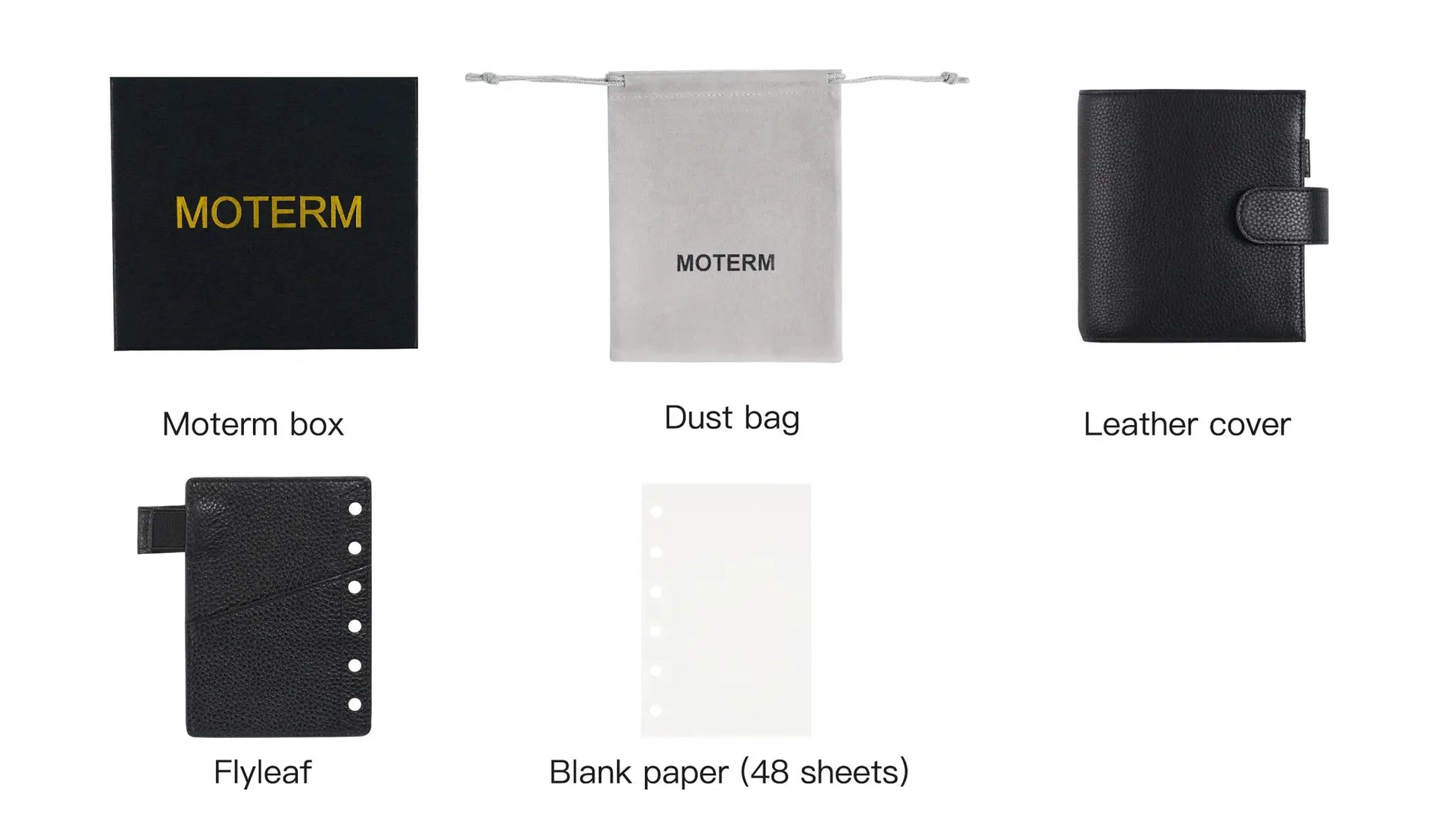 Moterm Luxe 2.0 planner set: black pebble leather cover with 30mm rings; includes box, dust bag, flyleaf, blank paper.