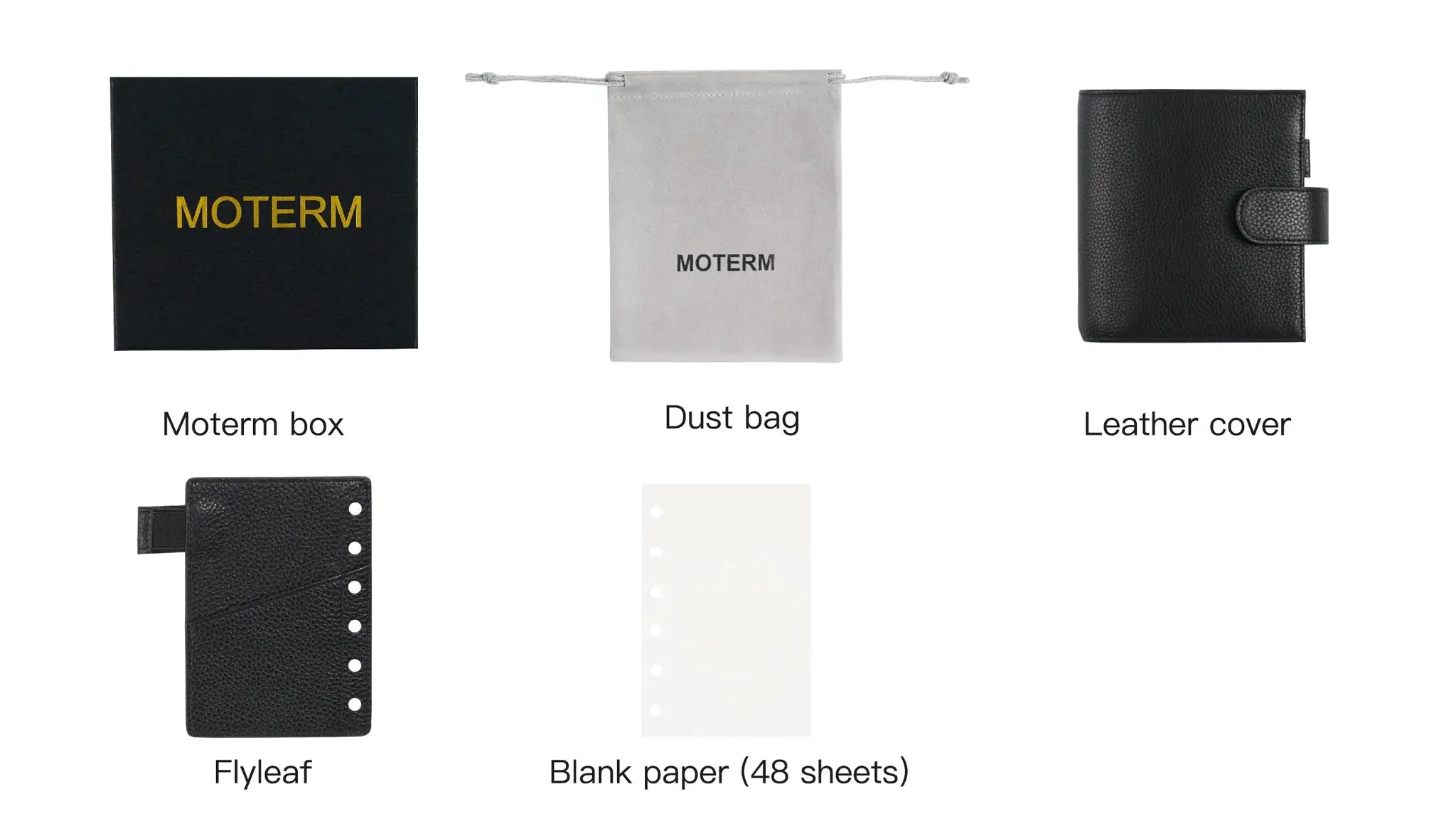 Moterm Luxe 2.0 planner set: black pebble leather cover with 30mm rings; includes box, dust bag, flyleaf, blank paper.