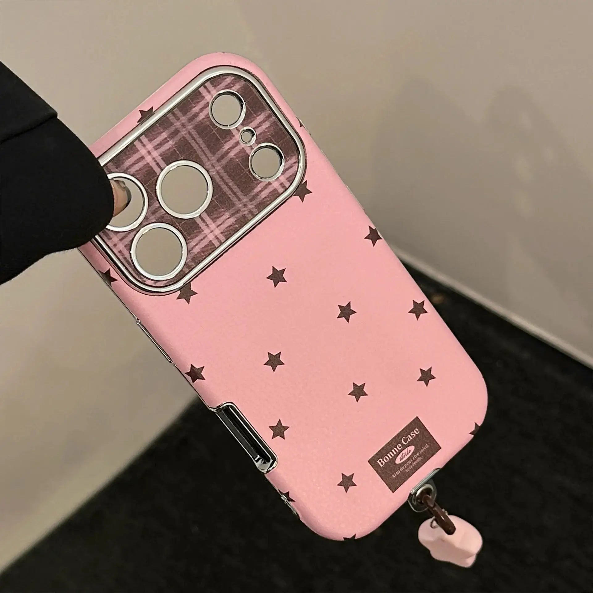 Korean Retro Stars plating pink leather-texture phone case with pendant for iPhone 11–17 Pro Max
