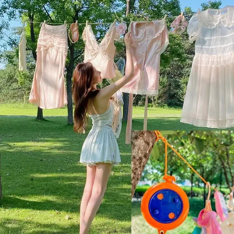 Simples Market 10m retractable outdoor clothesline with windproof cord, woman hangs pastel garments, orange reel visible