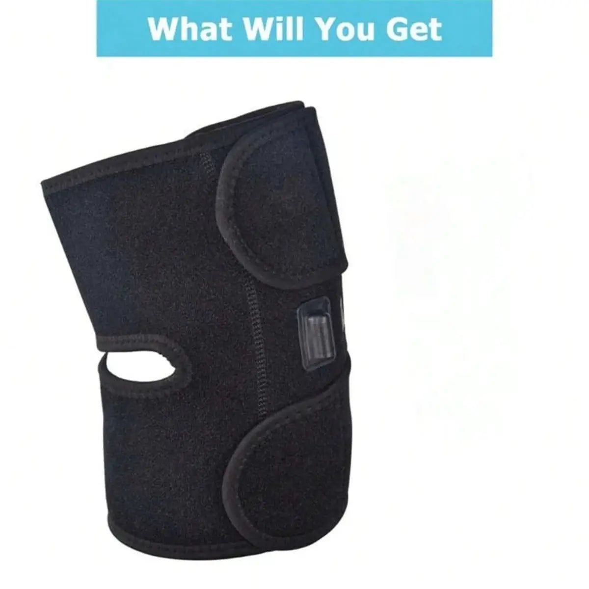 Black heated knee massager pad with dual Velcro straps and side control switch