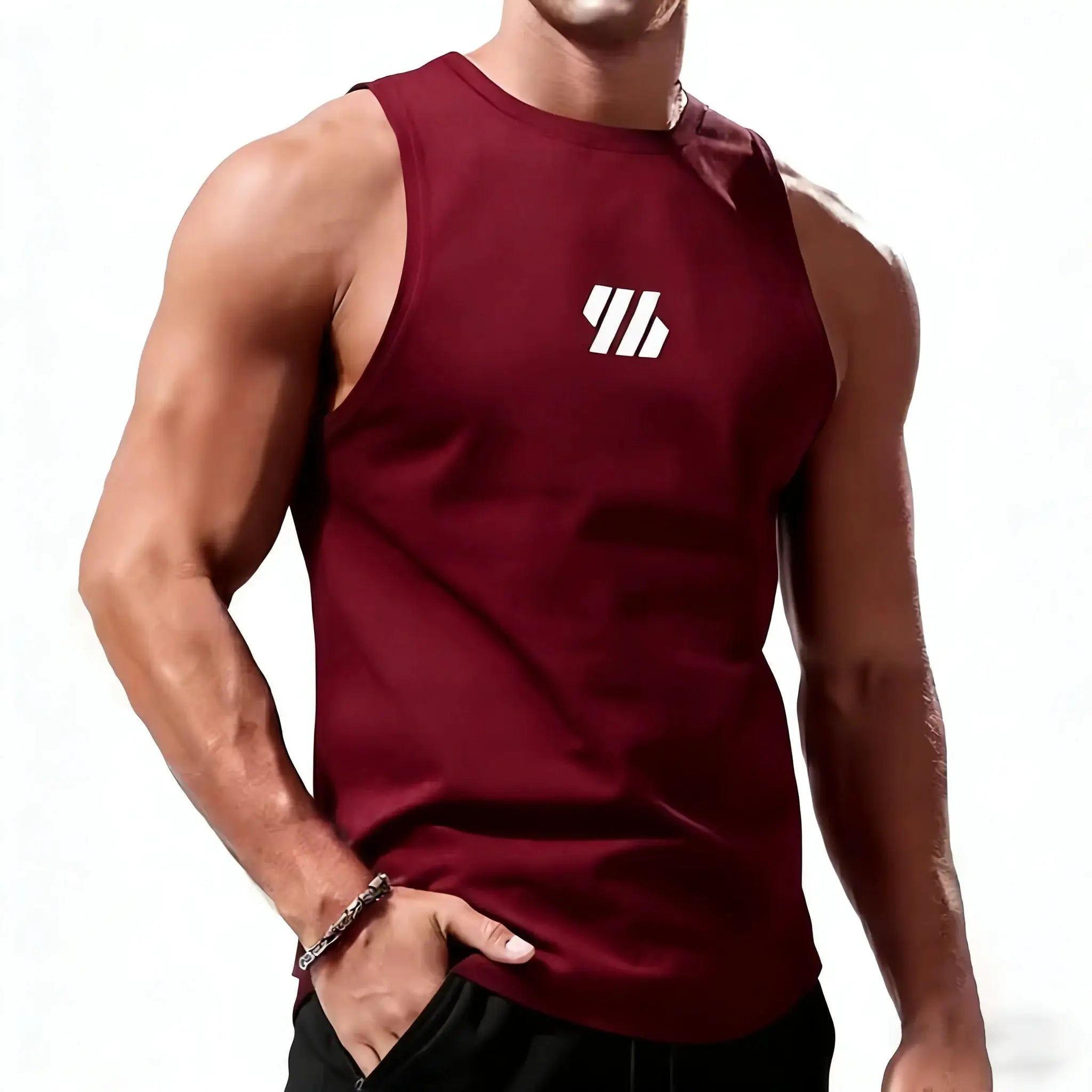 Men's maroon sleeveless sport tank top with white Simples Market logo on chest