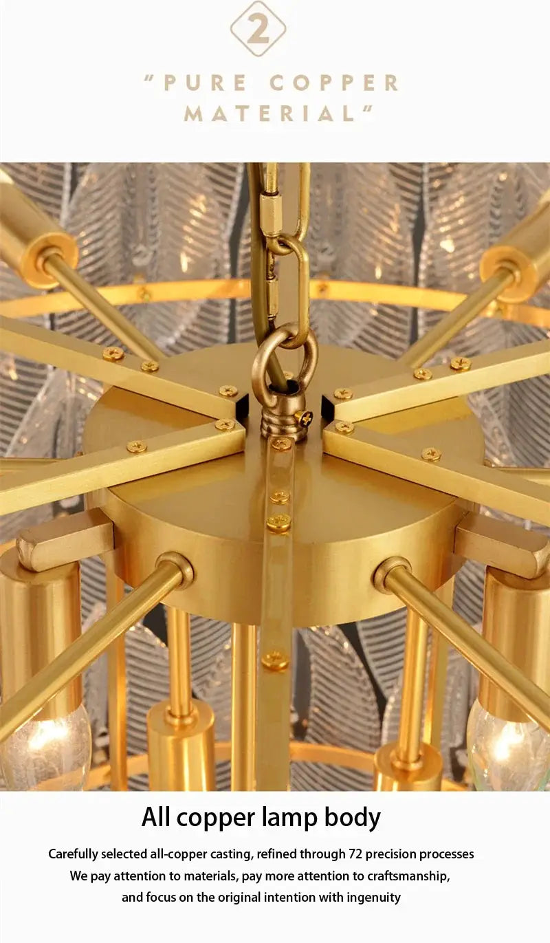 All-copper chandelier pendant lamp with gold finish and chain suspension