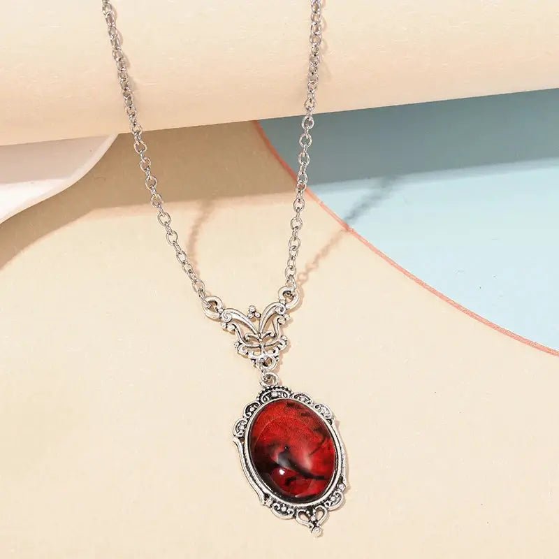 Gothic Blood Red Quartz Charm Necklace With Oval Pendant For Women Halloween Vampire Embossed Witch Jewelry Vintage Chokers - Simples Market