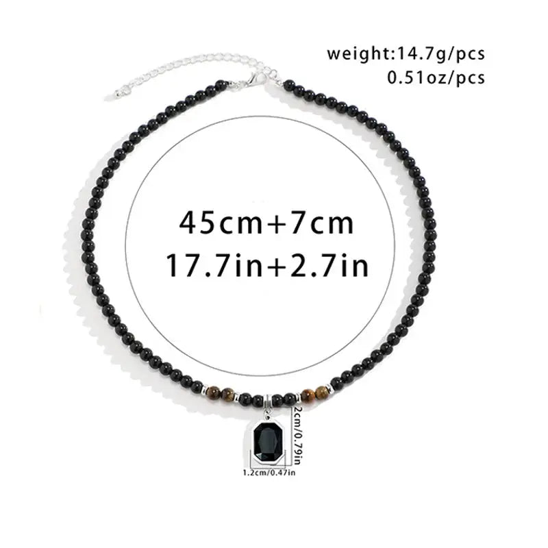 Salircon black tiger stone beaded clavicle necklace with geometric pendant, stainless steel choker for men