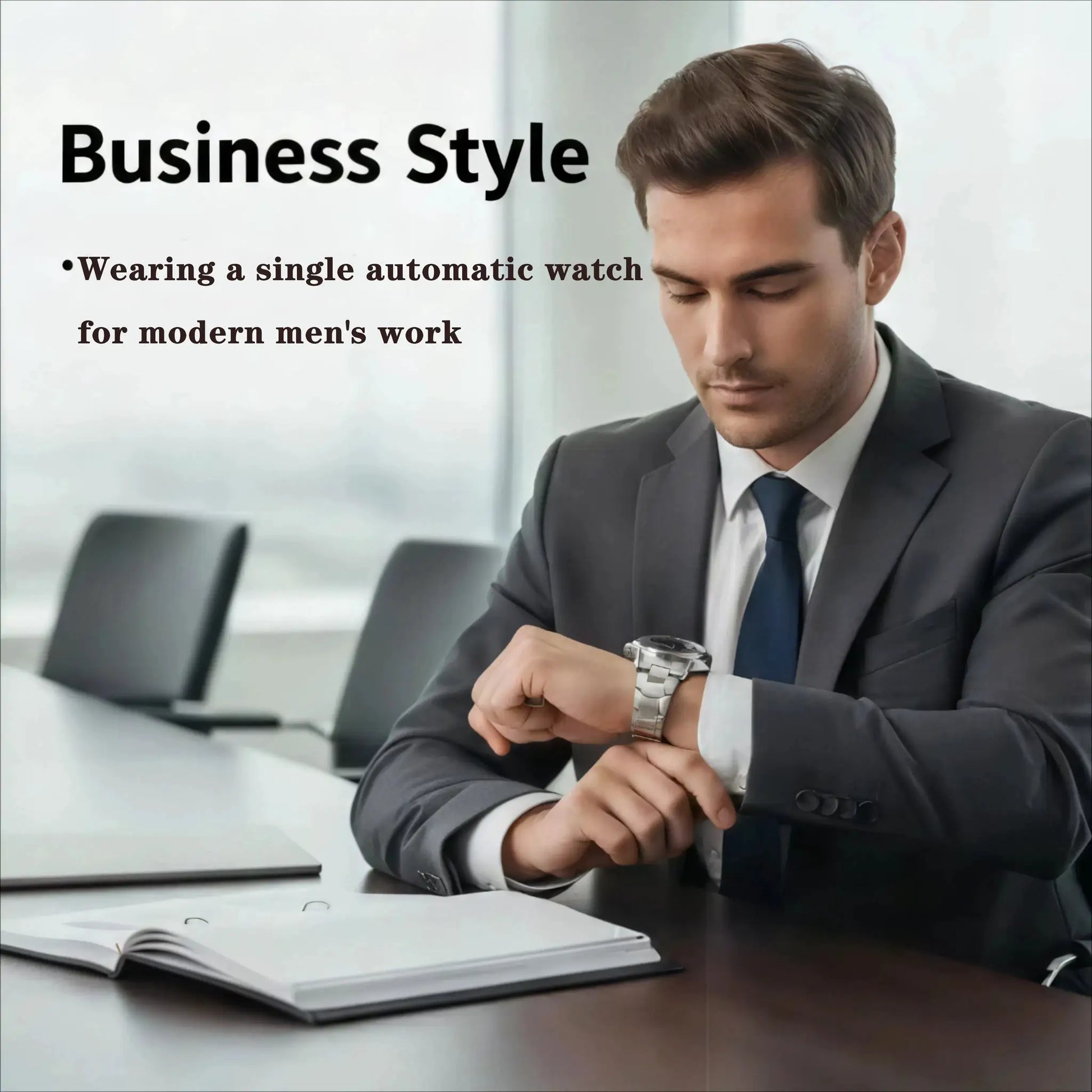 Men's automatic stainless steel wristwatch with silver bracelet worn by a man in a suit