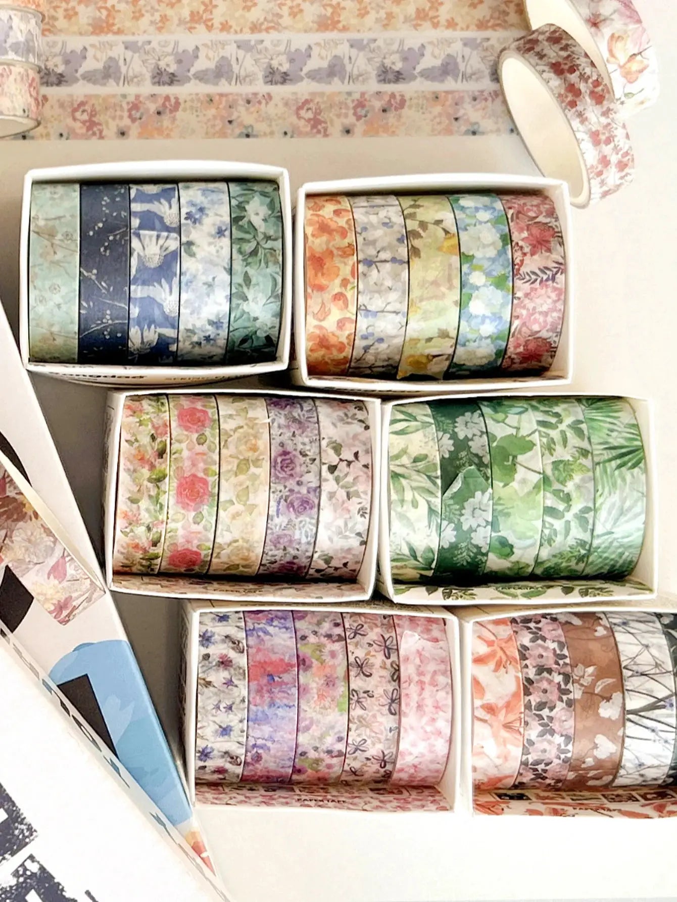 Simples Market boxed floral washi tape set, 5 rolls with romantic flower patterns