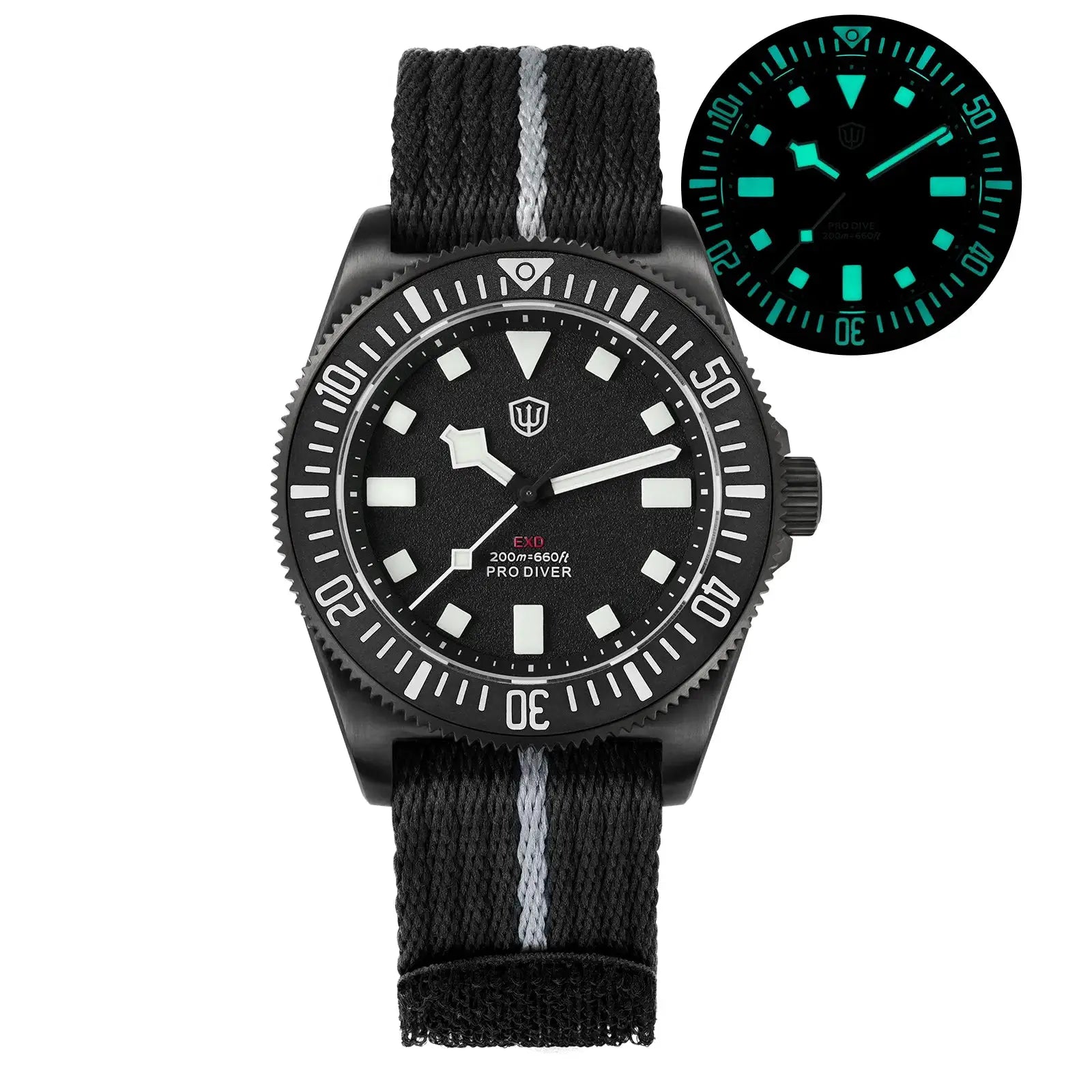 Diver watch with black dial, luminous markers, 40mm bezel, and black striped fabric strap.