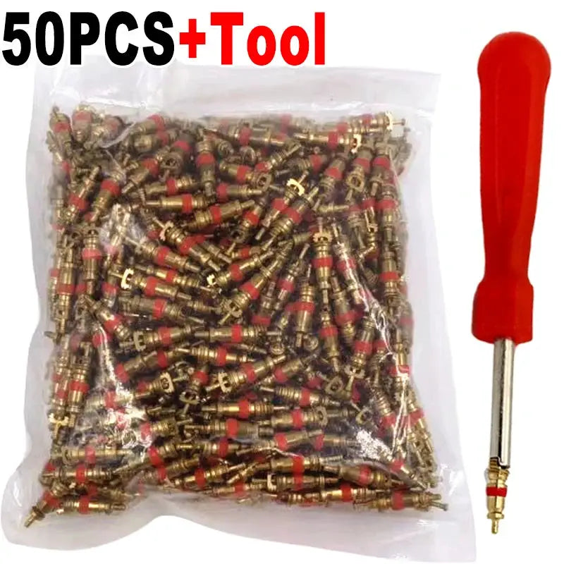 Valve core removal tools kit, copper, 50 pcs, zinc-plated cores; red-handled wrench