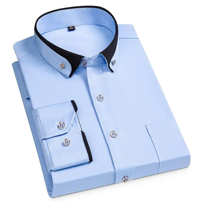 Simples Market light blue men's dress shirt with black contrast collar, button-down with pocket