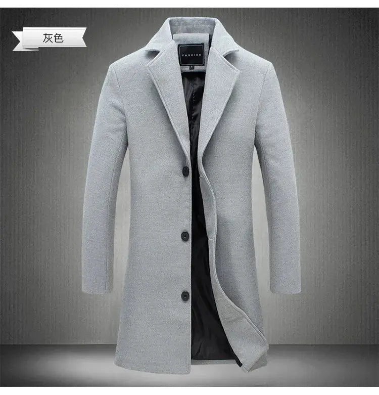 Men's gray wool overcoat by Simples Market with lapel, mid-length, single-breasted trench style.