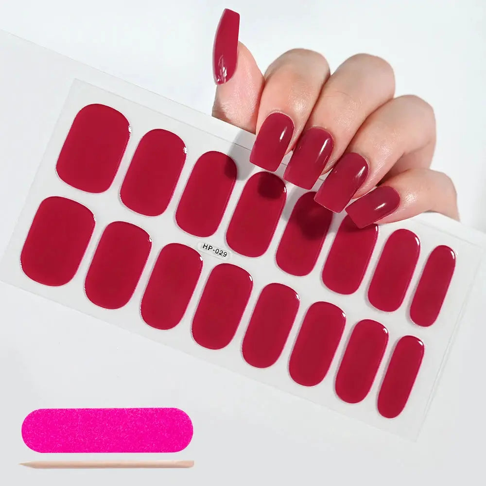 Red full-cover nail sticker sheet with 20 glossy decals for long-lasting nails