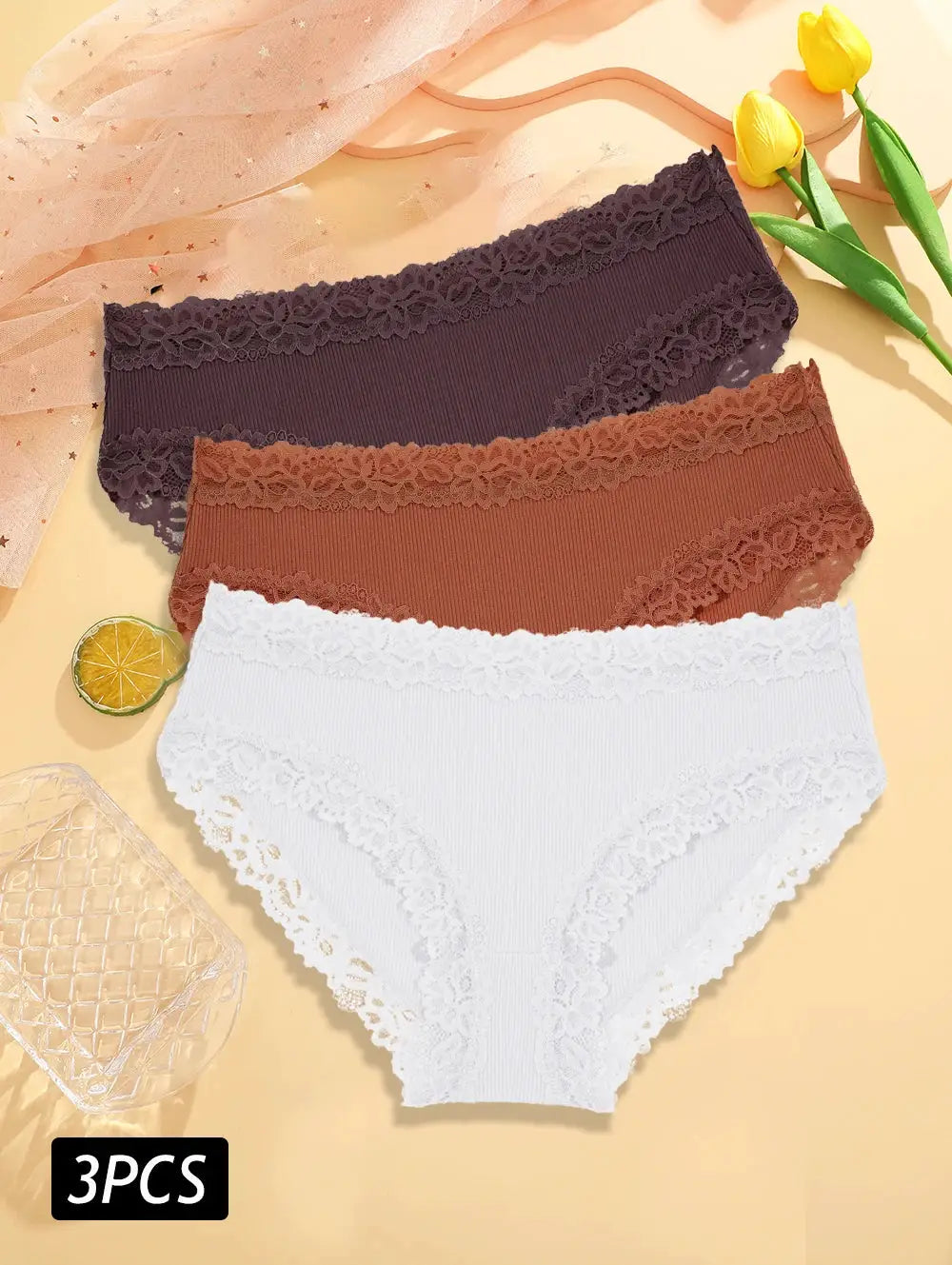 3PCS Simples Market lace cotton panties set; floral lace trims, low-rise seamless briefs in white, brown, purple