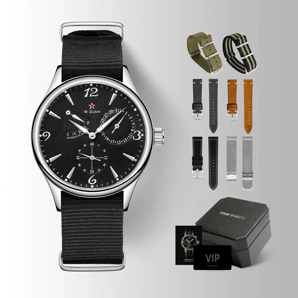 1963 40mm men's pilot automatic watch by Simples Market with black dial on NATO strap; includes replacement straps.