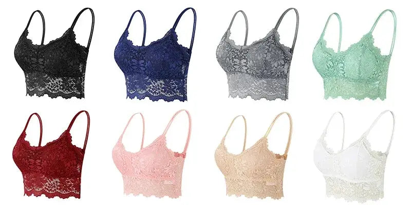 8-pack women's lace bralettes in black, blue, gray, mint, red, pink, beige, white; wireless breathable seamless lingerie