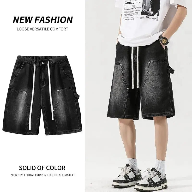 Men's denim cargo shorts by Simples Market in black with white drawstrings, knee-length streetwear