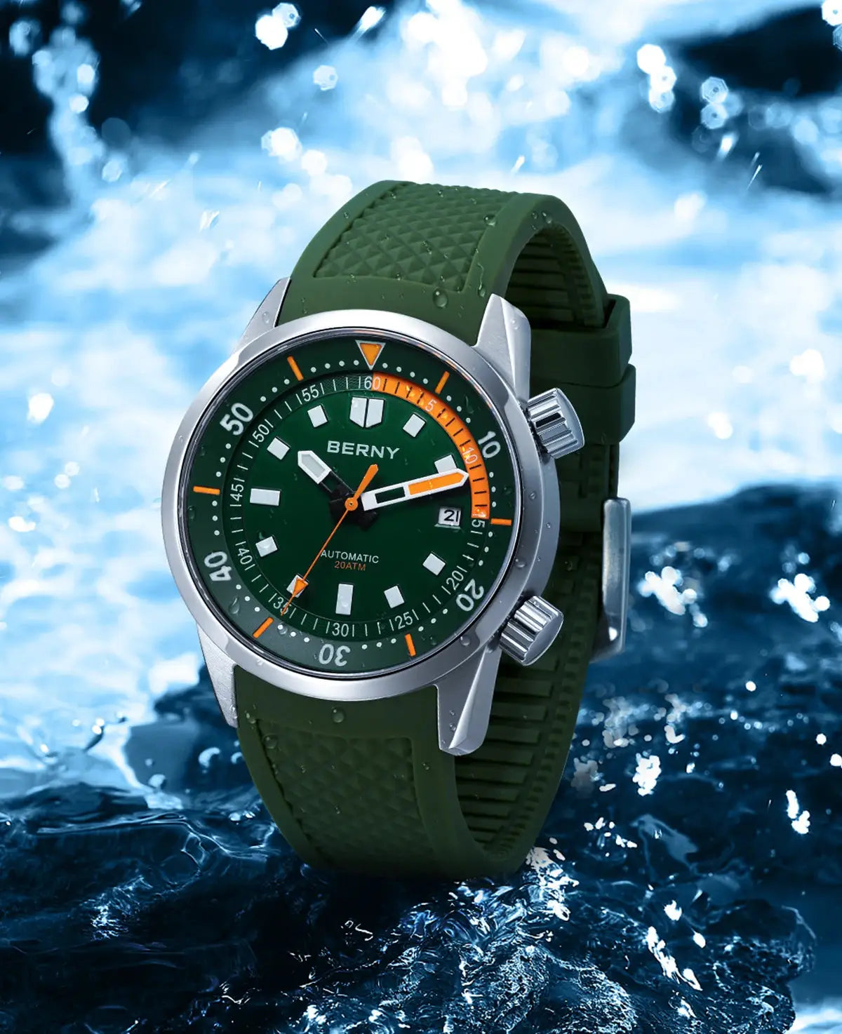 BERNY dive watch with green dial and orange accents, 200m water resistance, green silicone strap