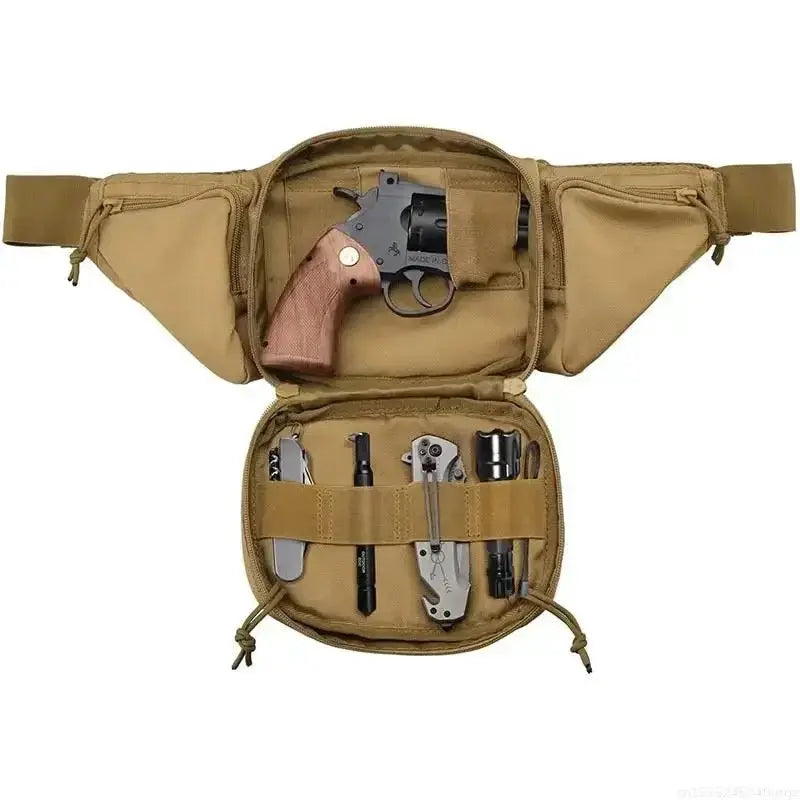 Tan tactical waist pack with built-in holster and multiple tool pockets for outdoor hiking and cycling