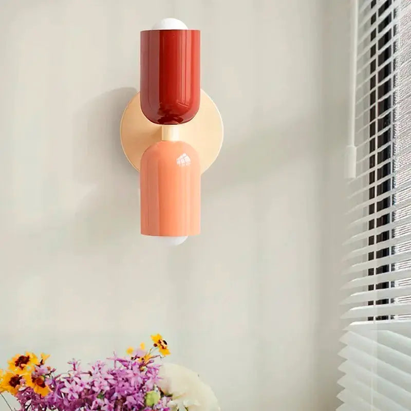 Nordic LED wall lamp with double heads, cream backplate and peach/red shades