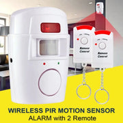Wireless PIR motion sensor alarm with two remote controls, white indoor/outdoor security detector for home and garage