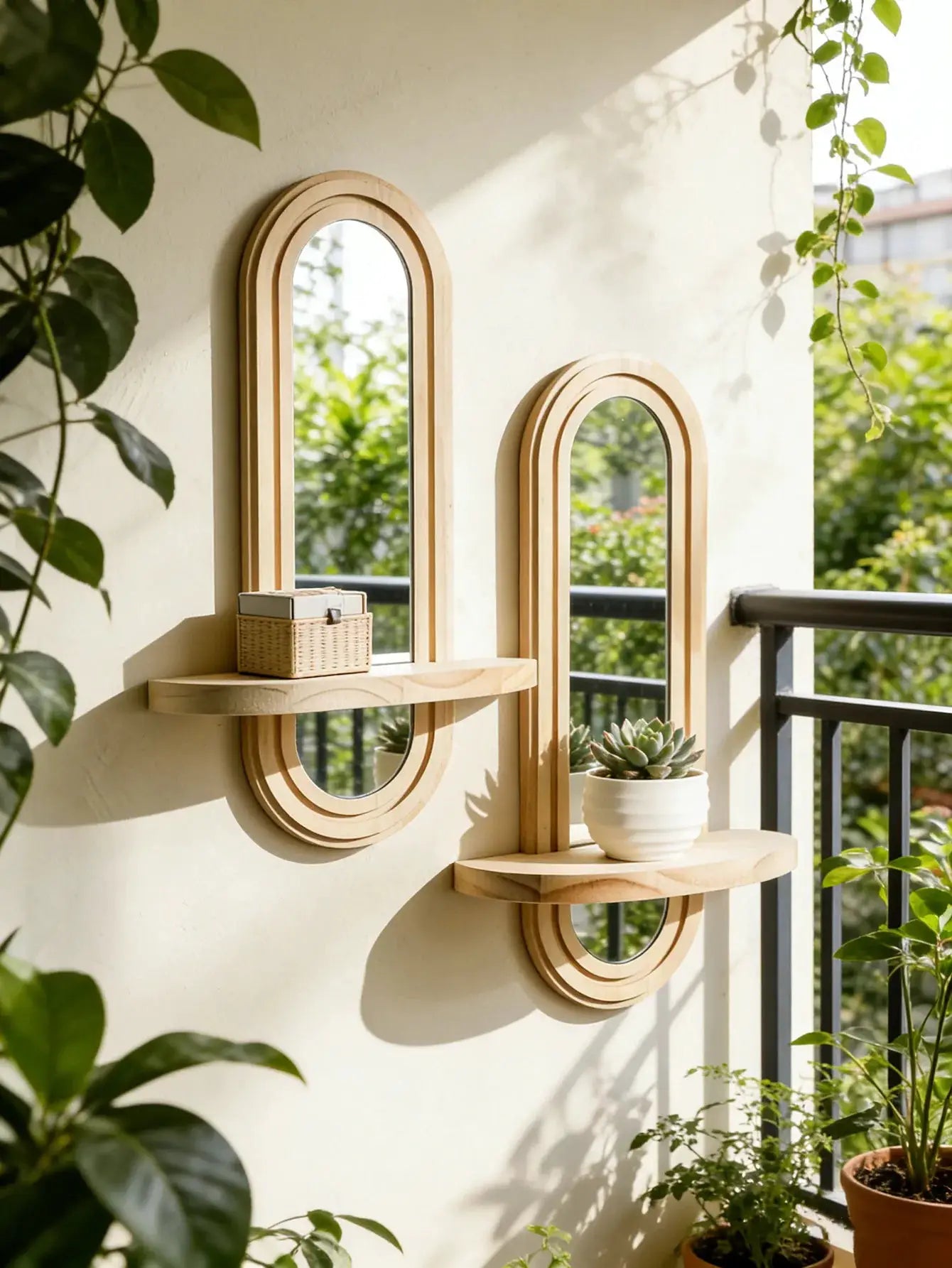 Pair of boho wooden arch wall shelves with mirrors, natural wood finish