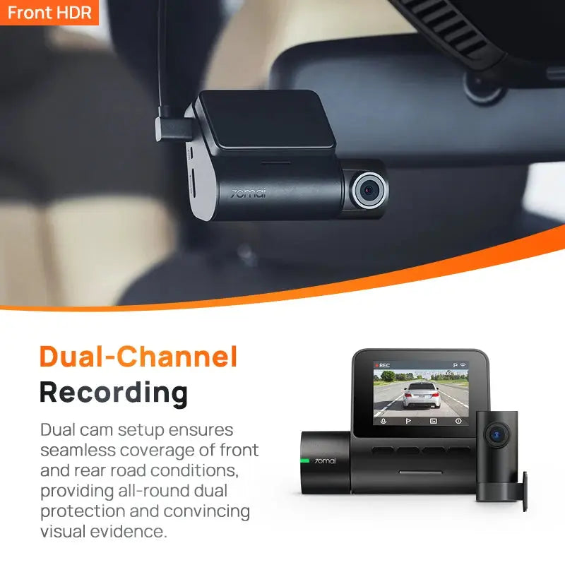 70mai A200 dual-channel dash cam with front and rear cameras, 1080P HDR, 2-inch IPS display, parking monitor.