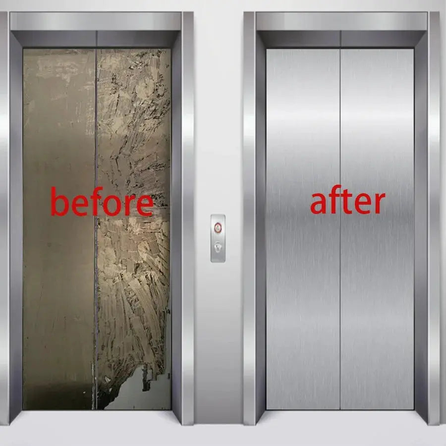 PVC brushed-silver removable wallpaper film for appliances; shows before and after elevator door panels (2).