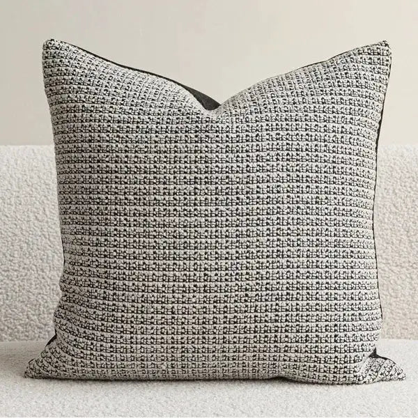 Decorative pillow, ivory and black woven textured design, square cushion for sofa and chair.