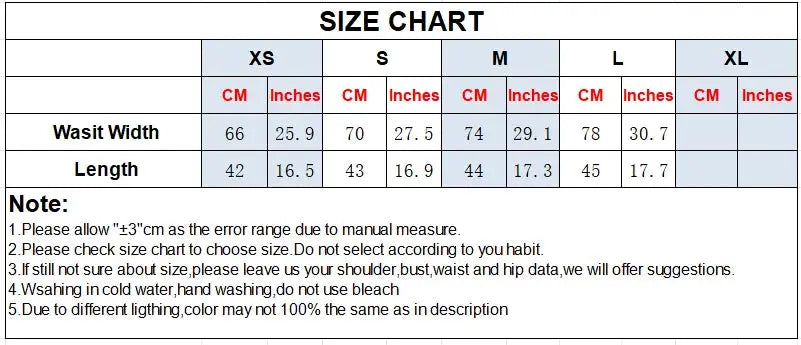 Simples Market HXAO Satin Lace Skirt Shorts size chart with waist width and length measurements (XS-XL)