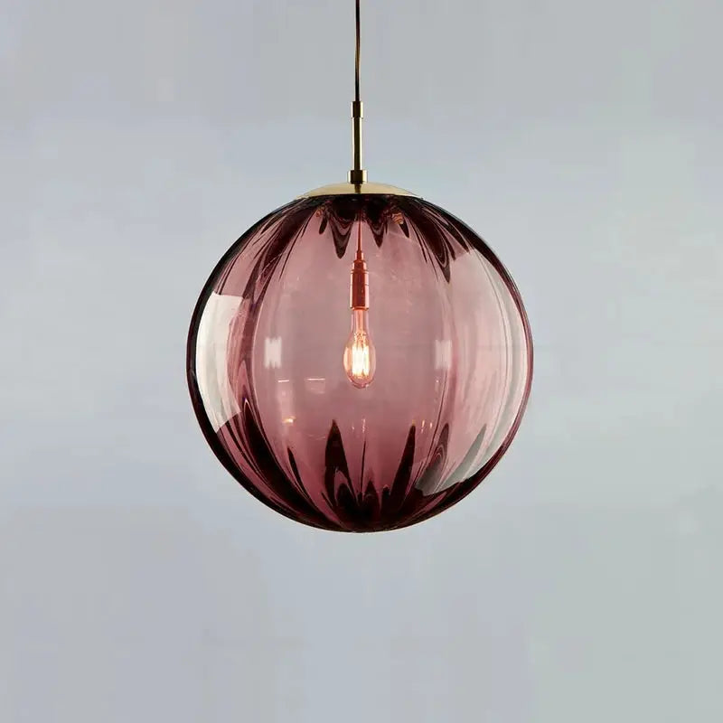 Glass globe pendant light in pink with LED bulb, Nordic style hanging fixture for dining rooms