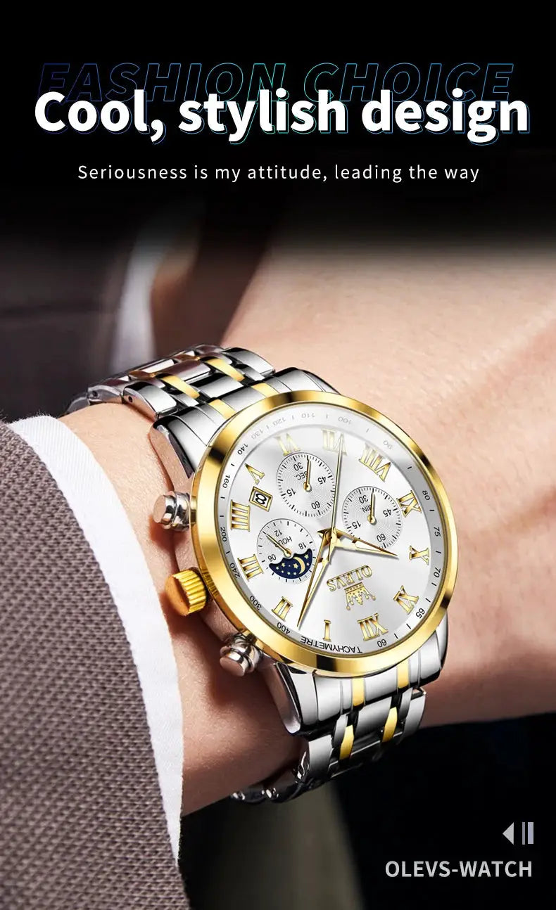 OLEVS men's two-tone stainless steel watch with gold bezel, lunar phase dial, quartz movement.
