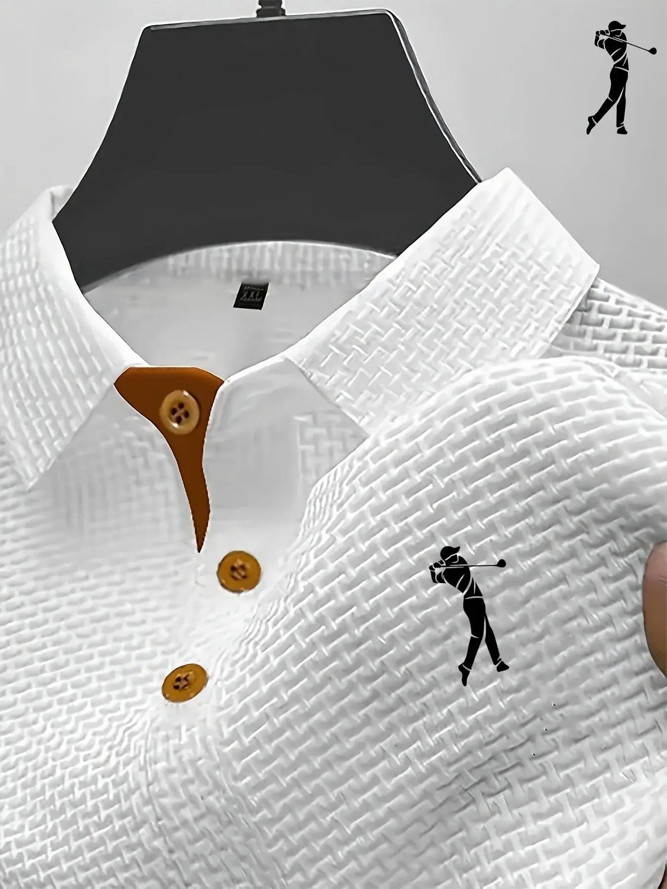 White textured short-sleeve polo shirt with brown button placket and collar trim, men's summer casual top.