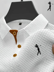 White textured short-sleeve polo shirt with brown button placket and collar trim, men's summer casual top.